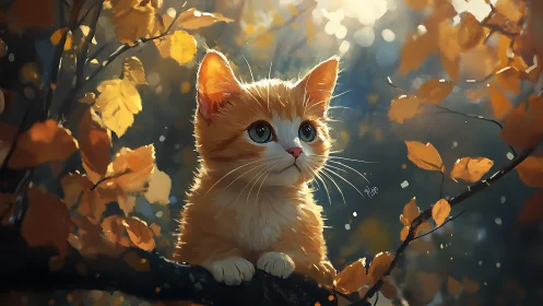 Amber-Eyed Kitten Among Autumn Foliage.
