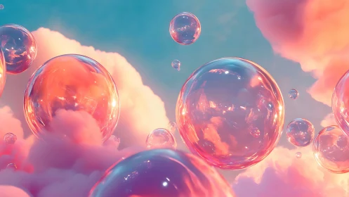 Translucent bubbles hover over dense pink digital clouds