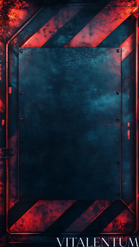 Rust kissed sci fi blast door with fiery hazard stripes.