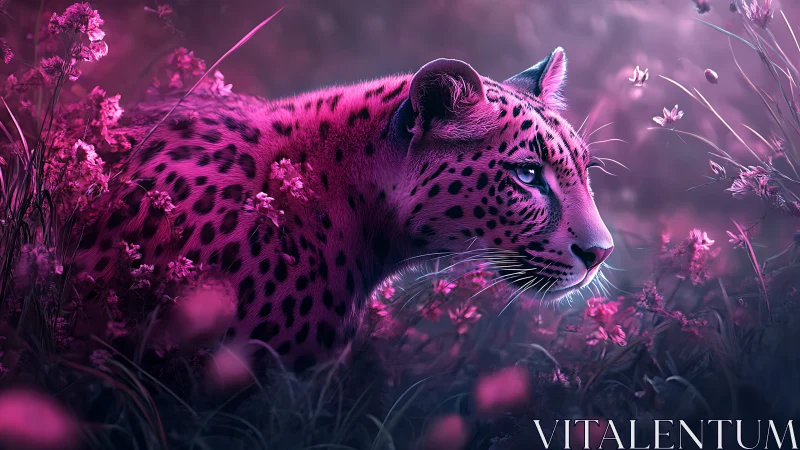 Leopard in monochromatic magenta floral environment.