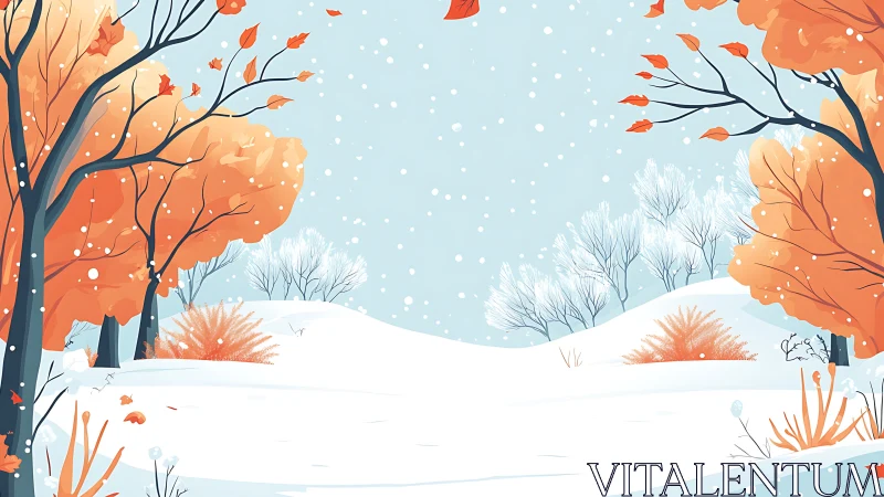 Snow covered landscape frames orange autumn trees calmly