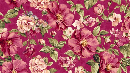 Dense floral arrangement on magenta background with botanical elements