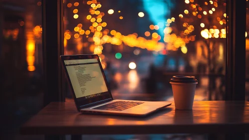 City lights lean over a lone laptop and evening coffee