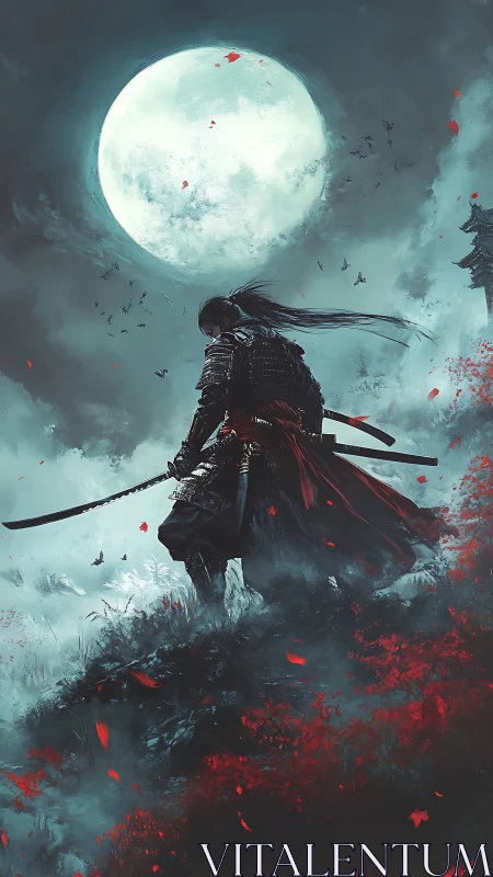 Samurai stands under full moon with twin swords drawn