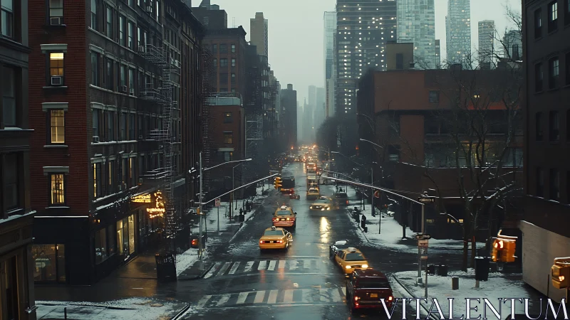 Winter city avenue with taxis under misty evening light.
