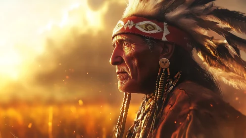 Elder Native leader in feathered headdress at sunset.