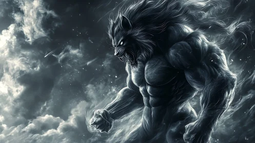 Storm-lit werewolf titan roaring within swirling clouds.