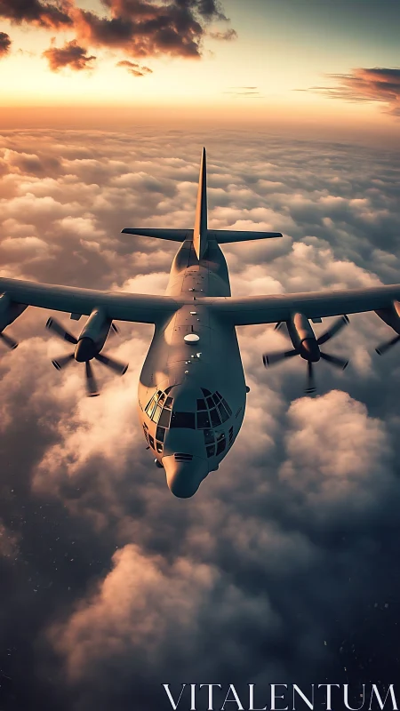 Military cargo aircraft flies above dense clouds at sunset