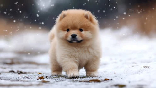 Small fluffy puppy walks on shallow snow in outdoor setting