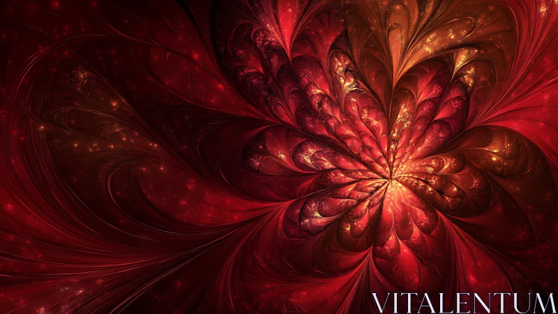 Crimson fractal bloom forms radiant swirling petal core.