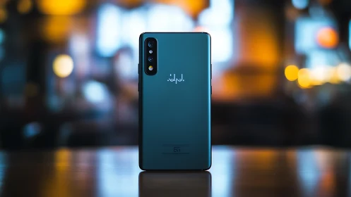Teal Smartphone With Vertical Triple-Lens Camera Array Illuminated by Ambient Urban Bokeh