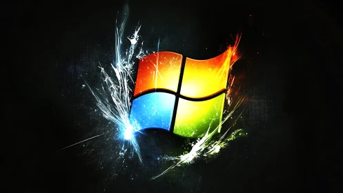 Explosive digital Windows logo on dark abstract field.