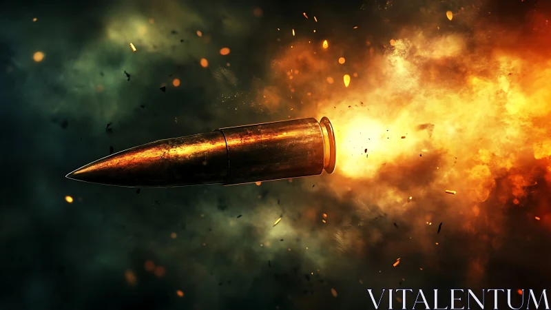 High-velocity bullet cuts through fire, sparks, and smoke.