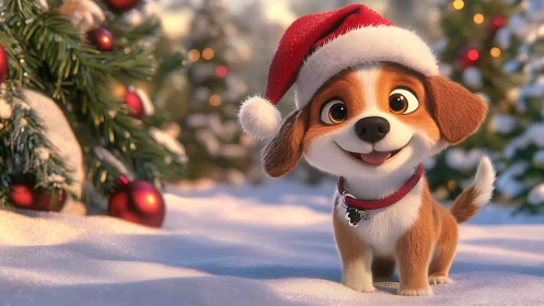 Festive puppy in Santa hat brings joyful holiday spirit.