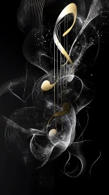 Golden musical note with abstract white light trails on black