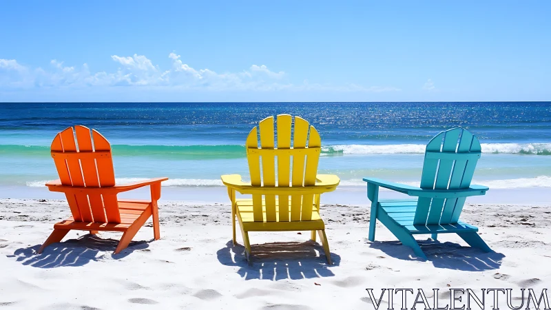 Photorealistic beachscape with triadic Adirondack chair lineup.