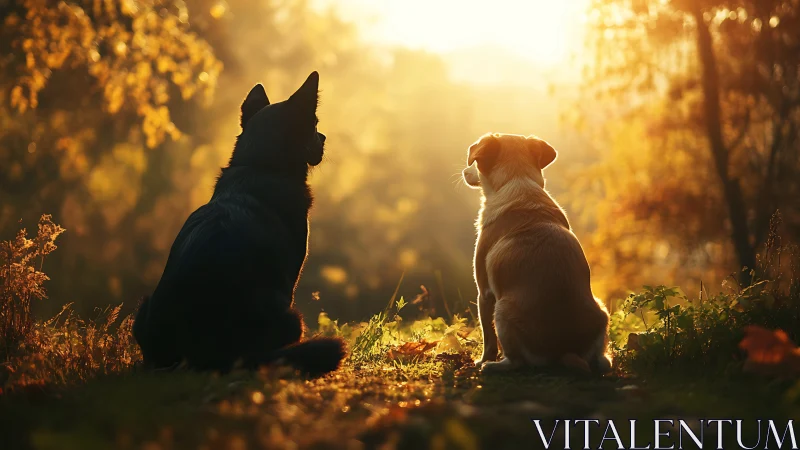 Backlit canine silhouettes in autumn forest golden hour light.