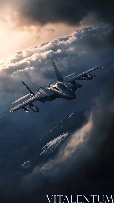 Fighter jet flies above rugged mountains under storm clouds