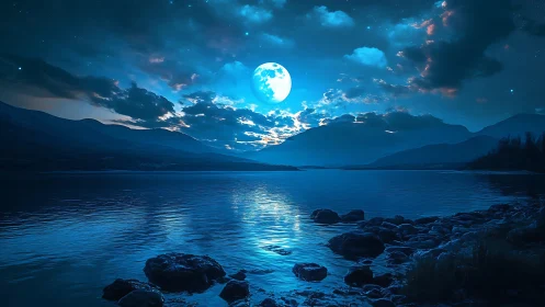 Blue moonlight bathes tranquil mountain lake horizon
