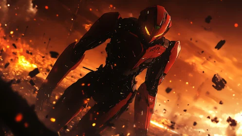 Molten skies bend as the crimson combat mech stalks forward