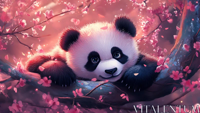 Panda cub rests in glowing cherry blossom branches at dusk.