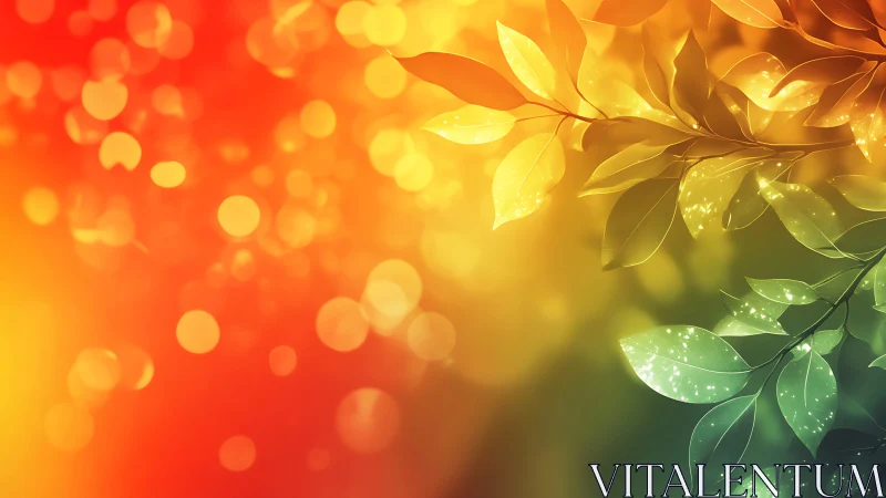 Digital painting of luminous leaves on fiery bokeh field.