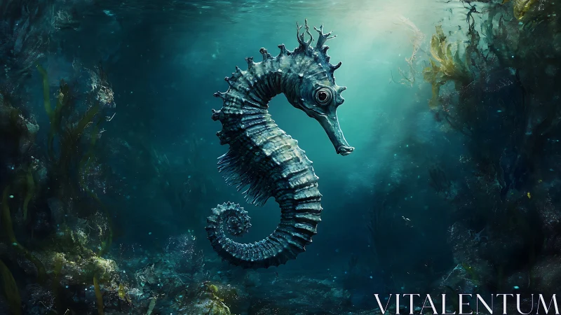 Regal seahorse drifts through a shadowy underwater realm.