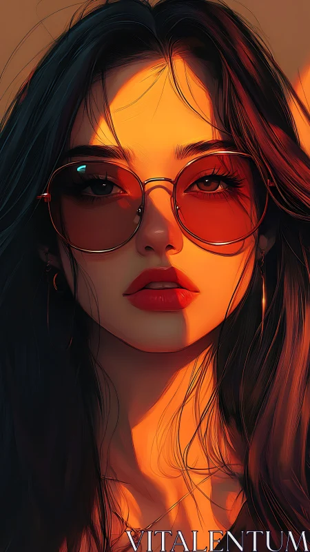 Stylized woman in red sunglasses in warm sunset light.