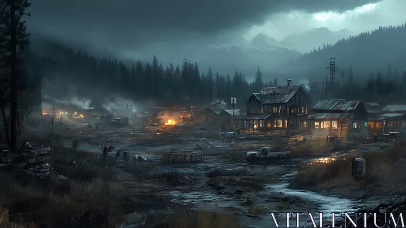 Post-apocalyptic logging settlement under storm-laden mountains.