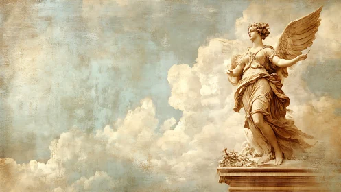 Angel statue rises against softly textured cloudy sky.