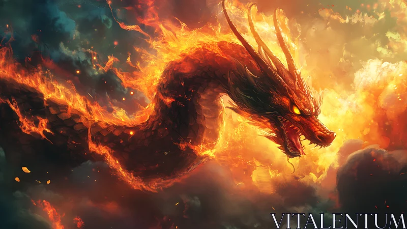 Fire dragon coils through storm clouds in blazing fury.