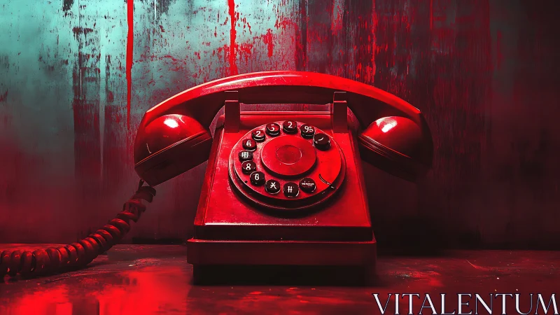High-contrast red rotary telephone under dramatic cinematic lighting