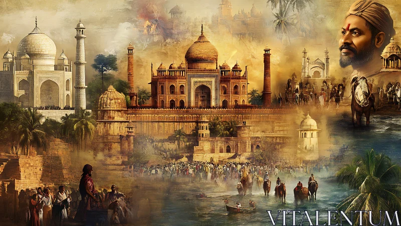 Golden collage of Indian monuments, people, and timeless spirit.