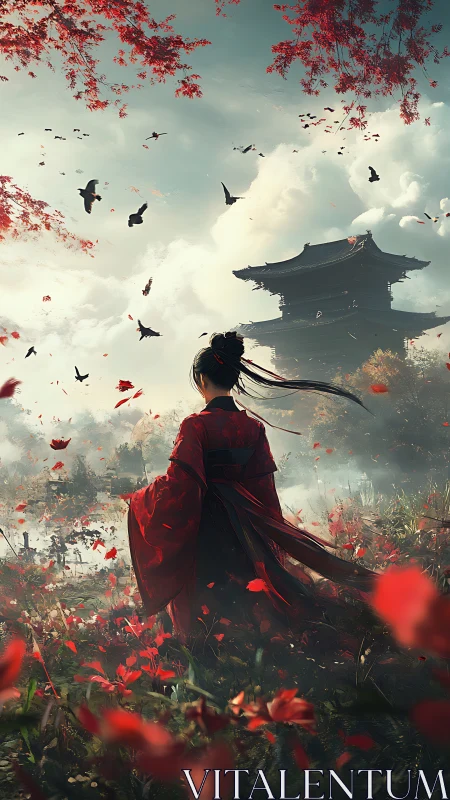 Woman in red kimono facing distant pagoda in windy landscape.