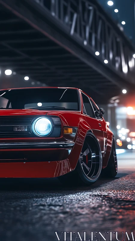 Low-slung crimson classic prowls beneath neon city overpass