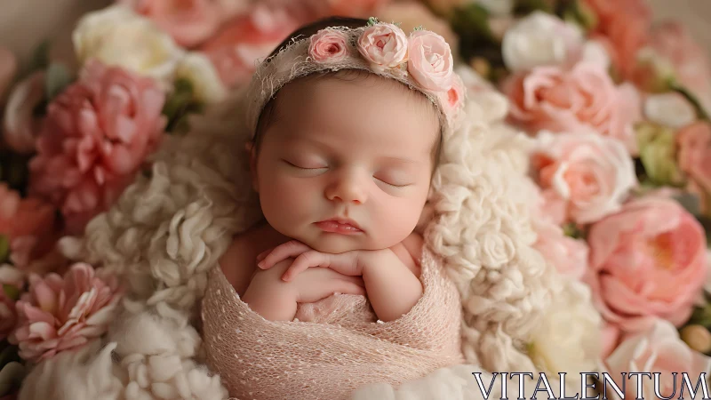 Serene newborn portrait cradled in soft blush florals.