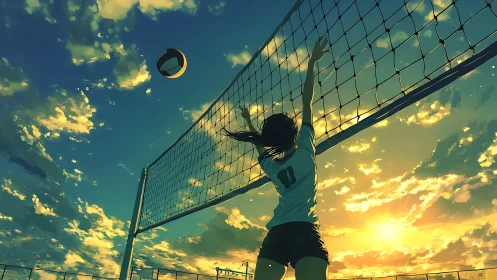 Girl volleyball player jumps at outdoor net under sunset sky