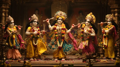 Krishna temple altar with ornate devotional statues and garlands.