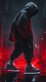 Hooded figure in neon sneakers under red urban glow.