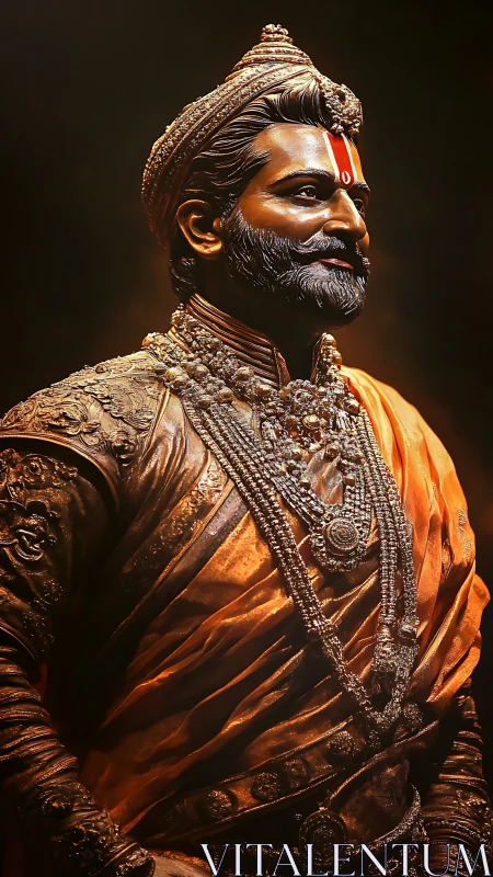 Regal warrior statue shines with rich golden textiles and pride