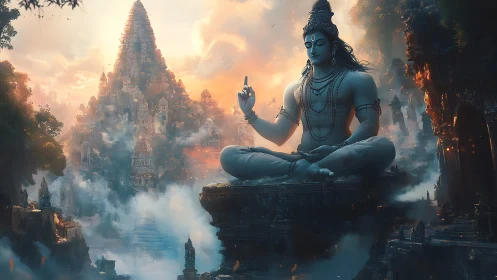 Divine stone deity over misty temple valley at sunrise.