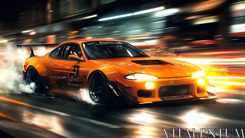 Aerodynamic drift car cornering through neon-lit wet city street