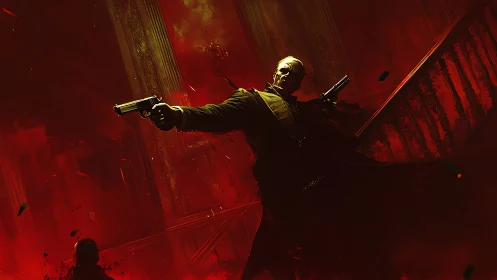 Gunman unleashes crossfire inside burning crimson hall.