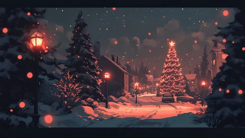 Snowy small-town street glowing with cozy Christmas lights.