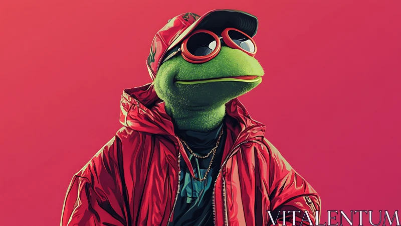 Stylized frog character in streetwear against neon gradient backdrop