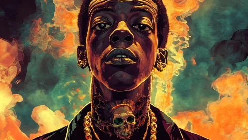 Digital portrait of rapper in flames with gold skull chain.
