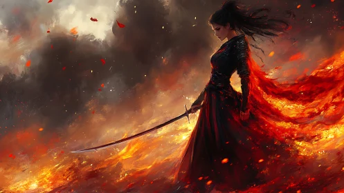 Warrior woman strides through inferno with sword and streaming fire cloak
