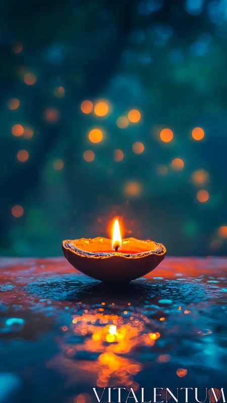 Single oil diya flame with shallow depth and bokeh light scattering