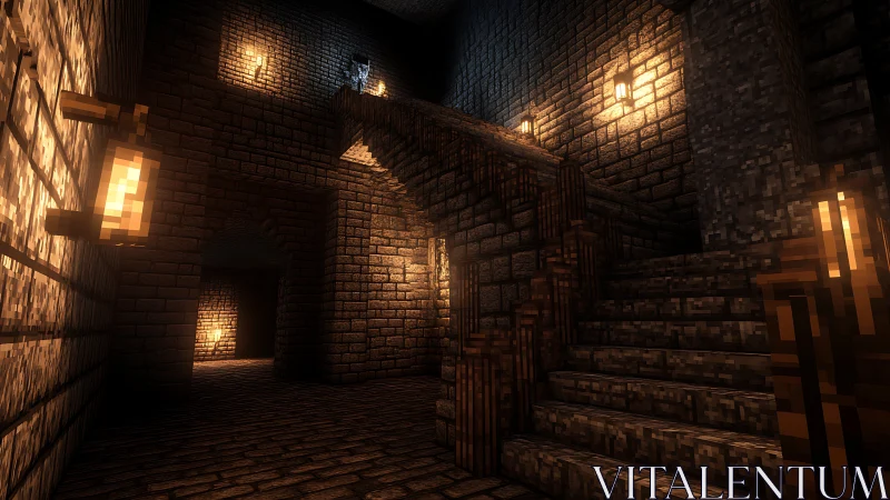 Moody pixel dungeon staircase glows with warm lantern light.