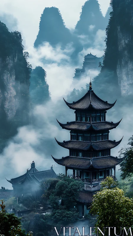 Tiered pagoda in misty karst mountain valley, blue hour atmosphere